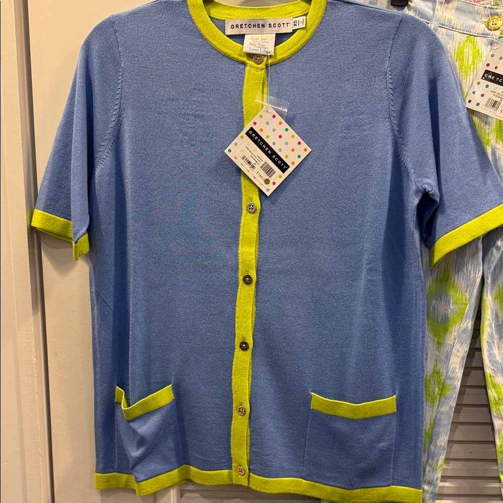 Gretchen Scott Designs Blue Short-Sleeve Cardigan with Lime Trim